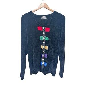 Ani Barrie Cardigan Button Down Velour Sweater Sz M Vintage Colorful Black